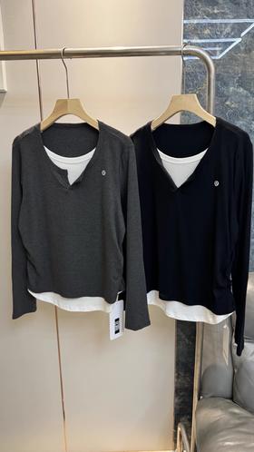 F031214纯色简约版型撞色假两件设计小V领一包两件装上衣