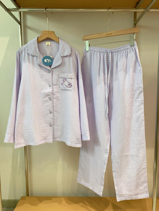 松植屋《格纹猫》女士全棉双层纱布长袖长裤睡衣套装 商品图6