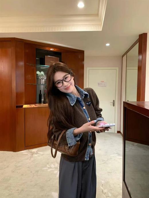 F031215针织拼接牛仔衬衫翻领假两件开衫短款外套 商品图8