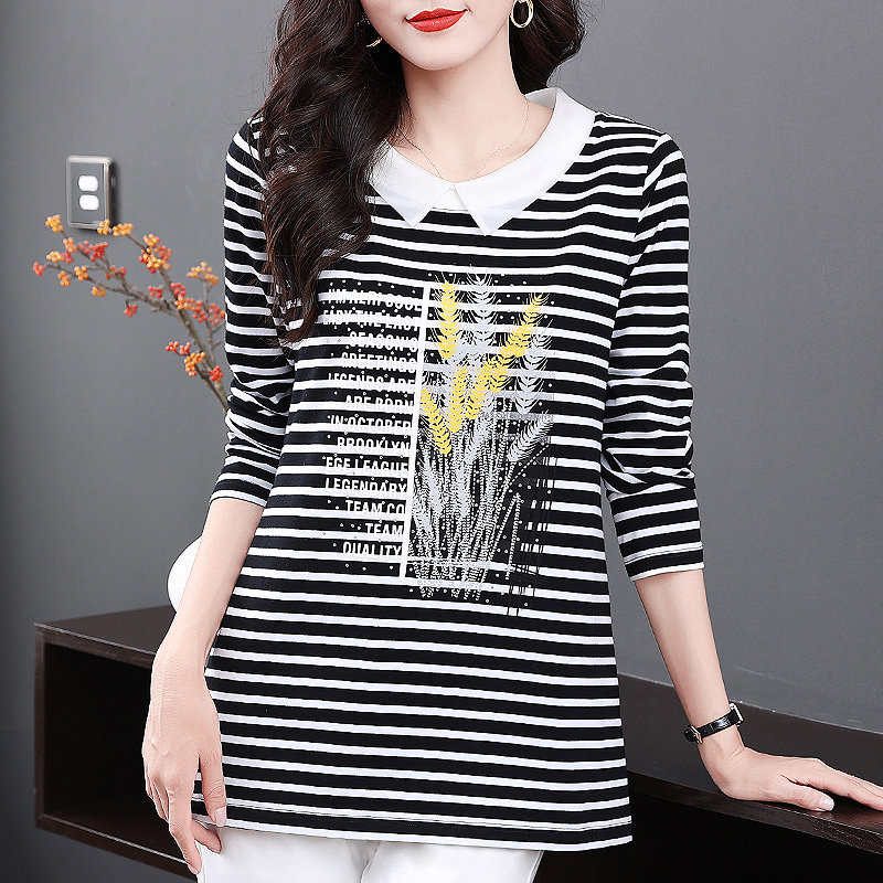 2026春秋季新款纯棉条纹女士长袖t恤休闲大码女装上衣打底衫宽松