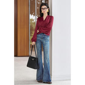 剩M/L 酒红V领衬衫+高腰马蹄裤套装5Y25CG5073