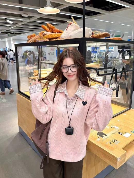 F031261少女感浅粉色宽松oversize黑色爱心刺绣假两件针织毛衣 商品图1