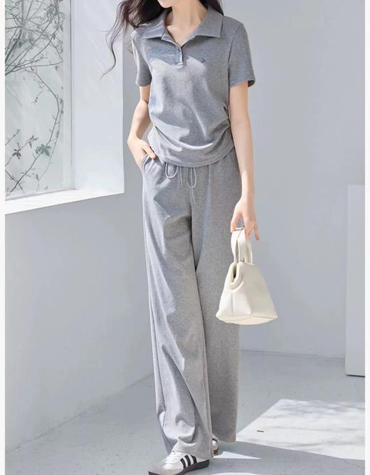 F031220春夏季新款灰色polo衫短袖阔腿卫裤两件套 商品图2