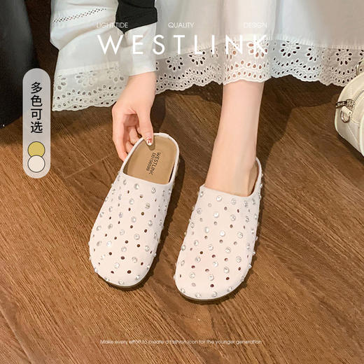 【限时秒杀】西遇包头半拖鞋女2026春夏季新款水钻镂空透气一脚蹬勃肯鞋凉拖鞋V0066321 商品图0