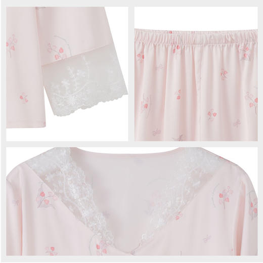 【7.5折限时特惠】【秀黛】女丝质印花长袖套装仿丝丝滑触感显瘦不臃肿甜美浪漫少女感女士春秋家居服睡衣W1551025T【门店同款】 商品图4