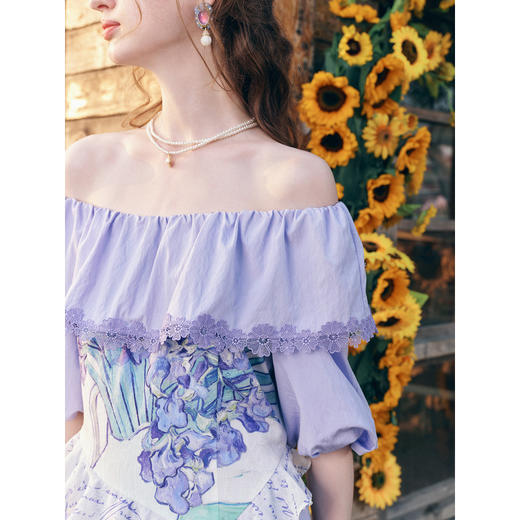 两三事梵高文艺不朽甜梦2026春新款法式露肩一字肩印花绑带连衣裙 商品图3