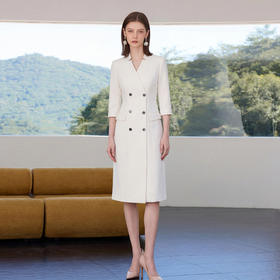 IWY/春季七分袖双排扣连衣裙女中长款米白色高级感正式场合裙子Q1515