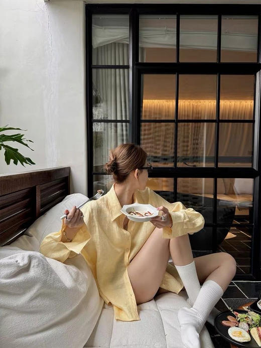 新款定制柠檬黄棉麻衬衫 商品图7