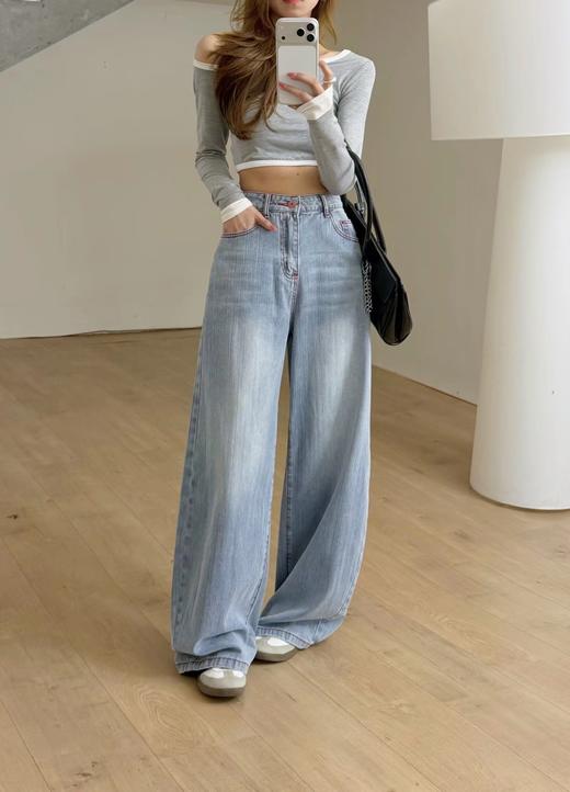 F031219复古水洗浅蓝牛仔裤宽松阔腿百搭休闲长裤 商品图14
