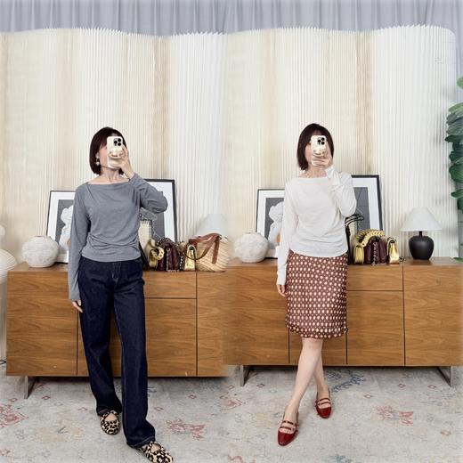 迷人香肩 莱赛尔醋酸真丝混纺 斜肩一字领长袖T恤 女神气质和舒适感一举两得 衣橱里的百搭经典款 商品图0