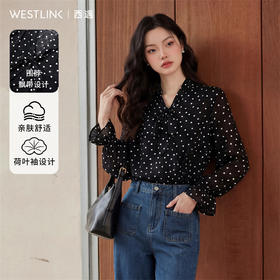 【限时秒杀】西遇法式波点飘带长袖衬衫女2026春季新款荷叶边宽松落肩雪纺衬衣10360046