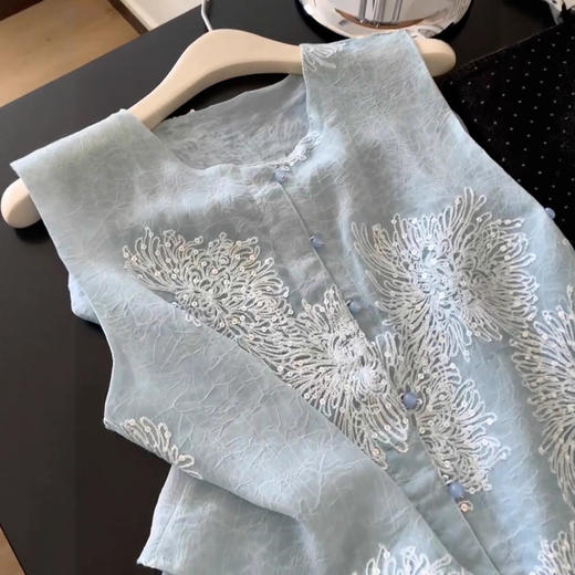 国风别致设计款上衣 今年流行 漂亮别致独特绝美 时尚小众设计 高奢百搭宽松蓝色上衣夏 商品图0