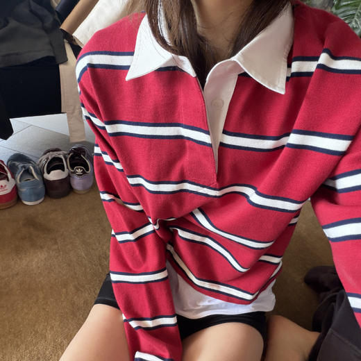 ROMI STUDIO“美式氛围”红白撞色条纹全棉长袖针织上衣RWDSS92031 商品图1