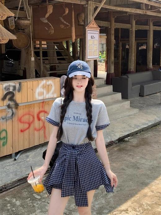 新款 大码套装 复古套装字母印花短袖t恤 女夏季格子不规则半身裙两件套 商品图4
