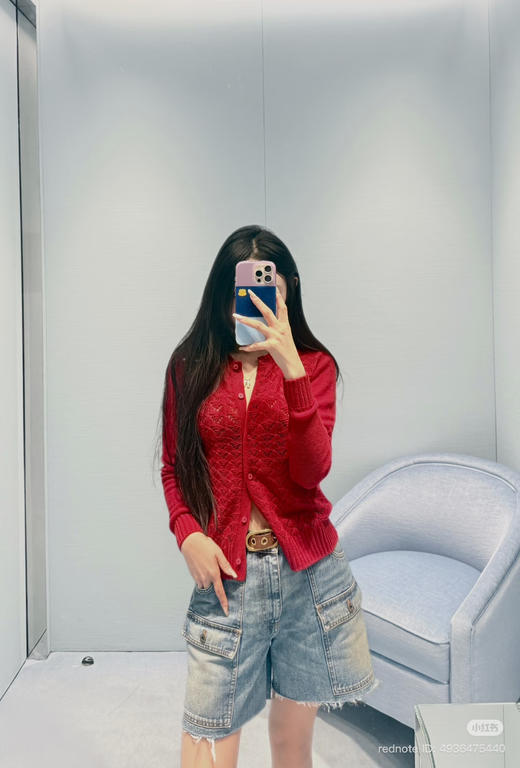 312-4 渠道圆正 刘浩存 miu蕾丝效果 羊绒针织开衫 polo翻领短袖 商品图7