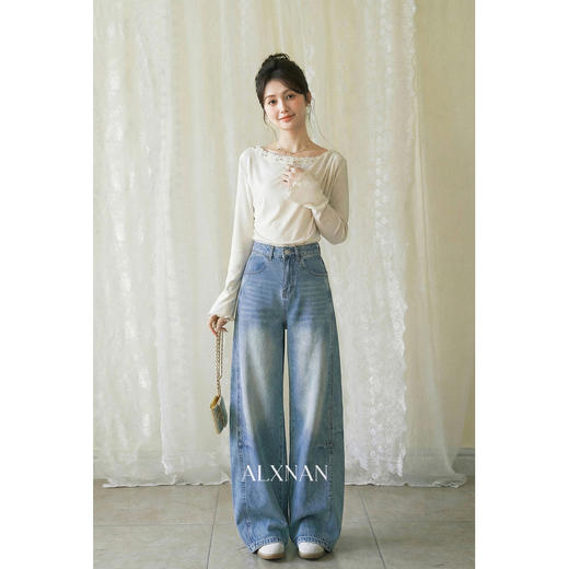 鹿向南「左岸之语」蓝色高腰显瘦阔腿牛仔裤女春新款拼接工装长裤 商品图4