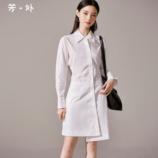 剩M 芳外新款气质休闲不规则连衣裙白色Polo领长袖裙子女8T23AL0067 商品图0
