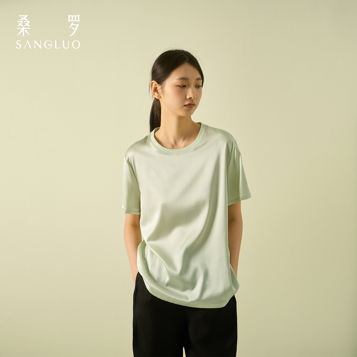 通勤百搭』桑罗圆领桑蚕丝短袖T恤纯色宽松舒适上衣女夏凉感亲肤