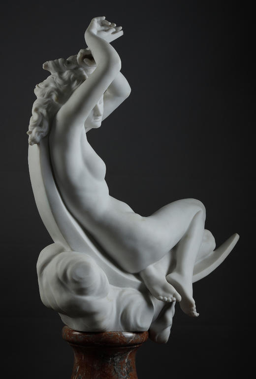 独角鹿西洋古董19世纪法国雕塑家Séraphin Denécheau签名创作出品大理石雕塑作品《狄安娜斜倚新月之上》 商品图4