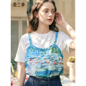两三事 街角晴光 2026春季新款小清新印花拼接假两件短袖t恤女