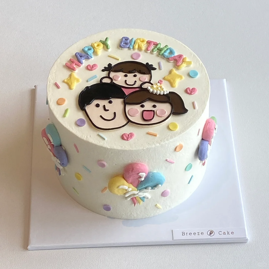 一家三口手绘卡通蛋糕-低糖处理无添加