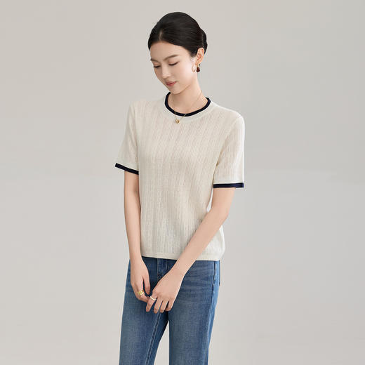 「高货wl」全新升级【铂金会员220/天猫289/差价69】(95139)洛诗琳立体挑孔织花羊毛短袖上衣2026春夏气质撞色针织衫 商品图0