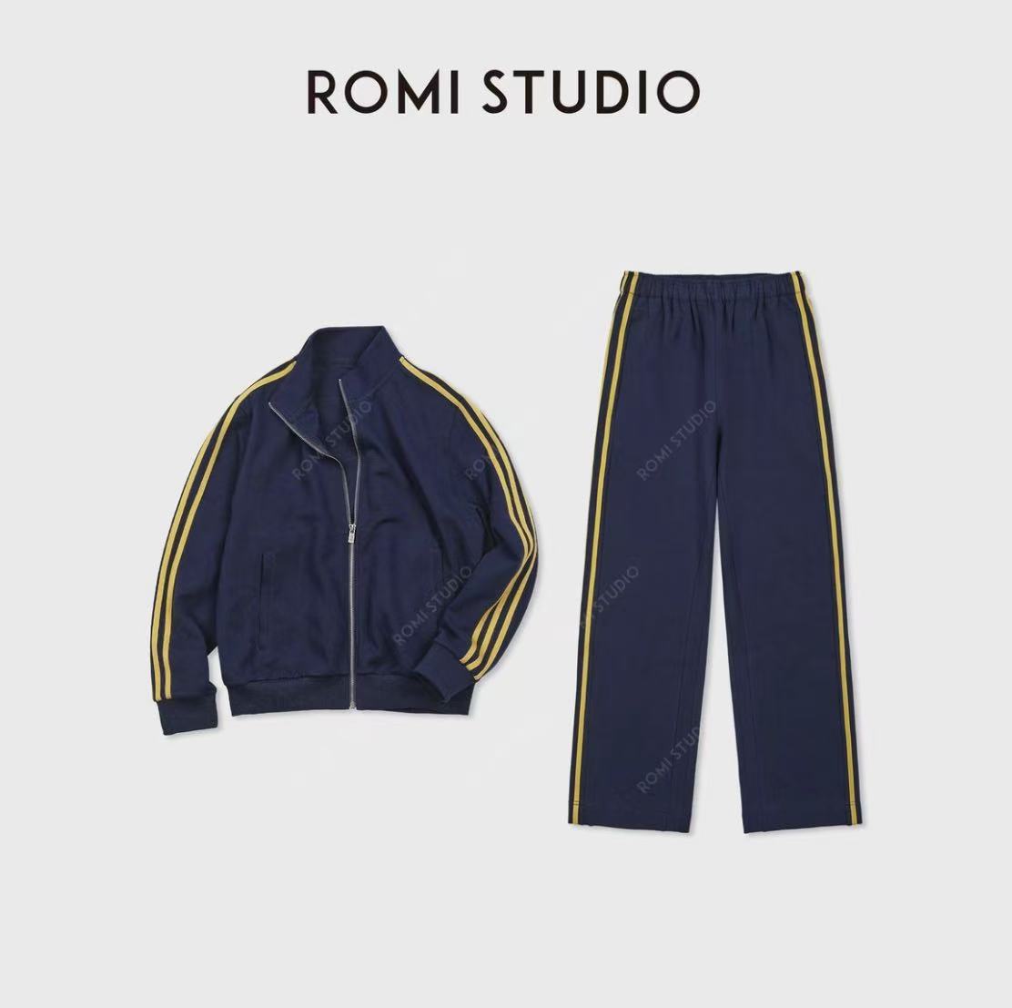 ROMI STUDIO“美式条纹套装”重磅高密立领外套宽松长裤RWDSX62048