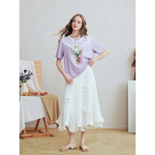 两三事 浅梦未央 2026春季新款小清新蕾丝拼接印花短袖t恤女宽松 商品图1