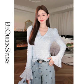 【孤品样衣，不退不换】【海蓝星辰】2025弹力蕾丝网纱泡泡袖V领修身上衣打底蓝色