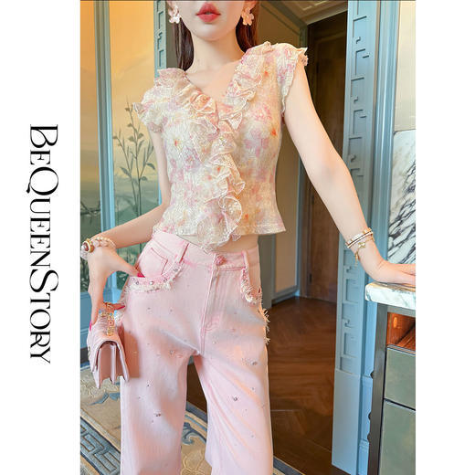 【孤品样衣，不退不换】【浮花游记】印花蕾丝小飞袖荷叶V领上衣成人2025夏装新款 商品图2