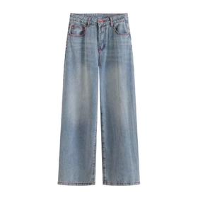 F031219复古水洗浅蓝牛仔裤宽松阔腿百搭休闲长裤
