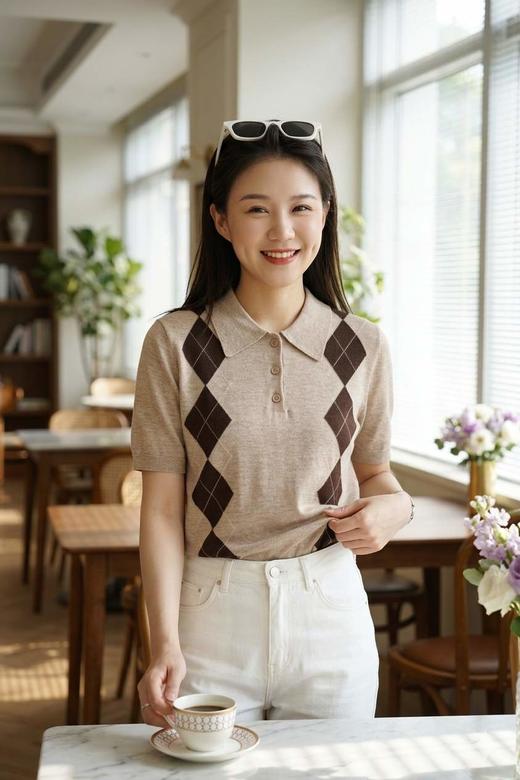 英伦概念|miu系菱格翻领短袖羊毛衫 商品图1