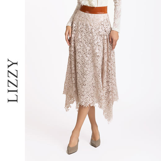 LIZZY 早秋 优雅名媛风撞色高腰刺绣蕾丝激光镂空不规则半身裙7600 商品图2