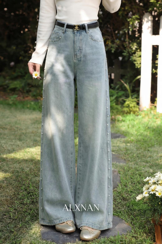 鹿向南「晨露微风」蓝色牛仔裤春季新款时尚百搭设计感宽松长裤女 商品图5