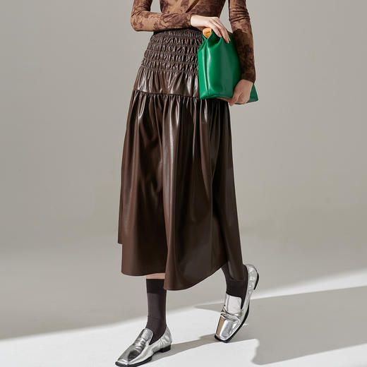 剩XL 芳外新款复古高腰显瘦半身裙松紧褶皱PU皮气质裙子女8I24AI0213 商品图2