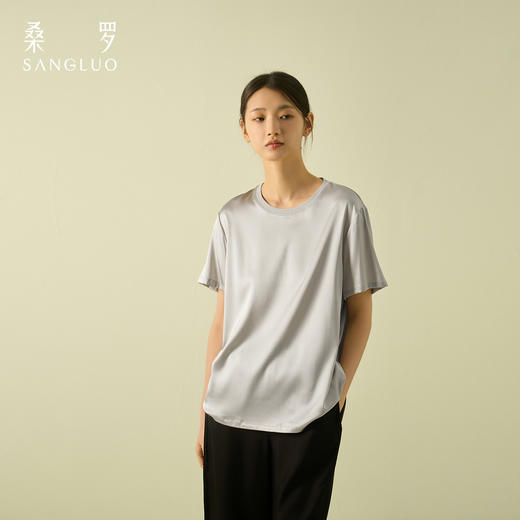通勤百搭』桑罗圆领桑蚕丝短袖T恤纯色宽松舒适上衣女夏凉感亲肤 商品图4