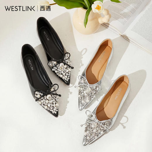 西遇尖头平底单鞋女2026春季新款水钻珍珠蝴蝶结一脚蹬软底小皮鞋V0166276 商品图4