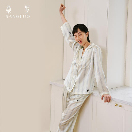 桑罗熊猫条纹印花女款睡衣套装亲肤透气长袖长裤情侣同款居家服 商品图4