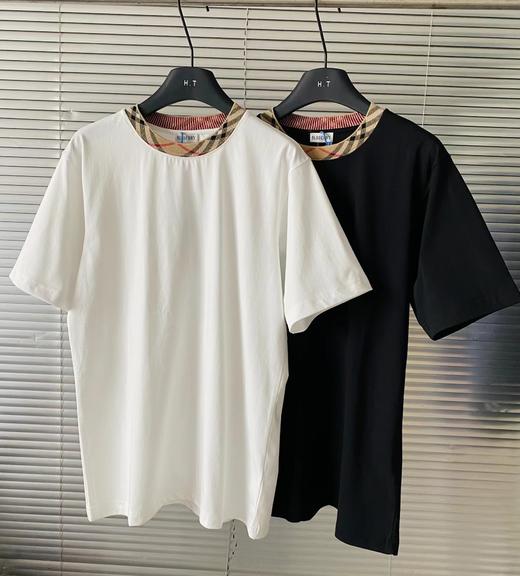 F031264简约基础款tee领口格纹撞色圆领休闲正肩短袖 商品图0