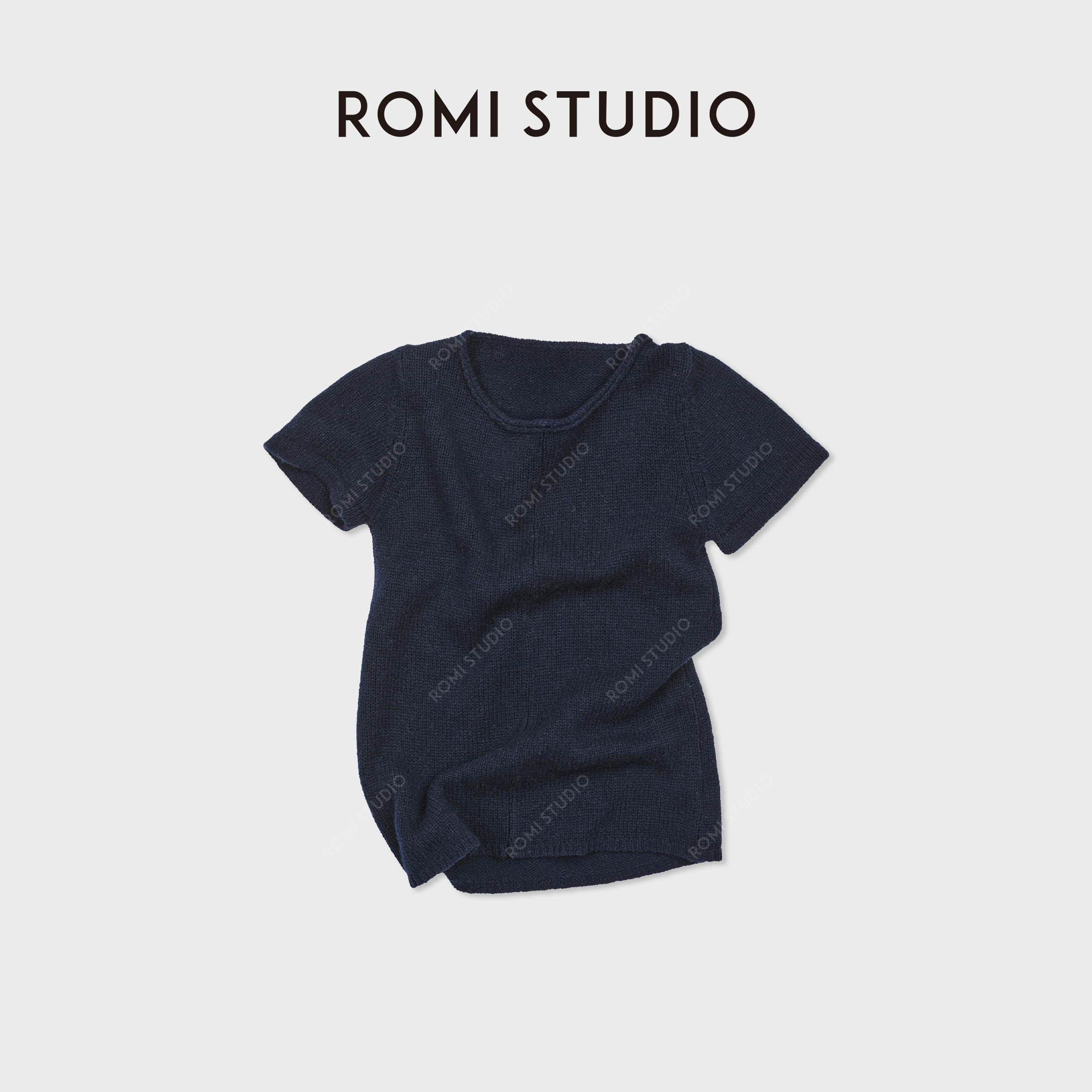 ROMI STUDIO“体感轻盈”羊绒羊毛卷边圆领套头短袖毛衫RWDSST1821