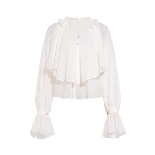 两三事 法式假日 2026春季新款优雅荷叶边v领拼布灯笼袖雪纺衫女 商品图4