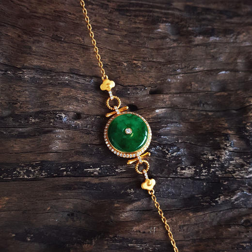 【天然正品】A货翡翠AU750黄金镶钻镶天然细腻满绿糯冰种平安扣翡翠手链 链长：19CM（皆取最大值）030326NJT13 商品图4