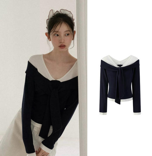 设计师款优雅芭蕾蝴蝶结假两件上衣 商品图4