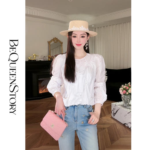 【孤品样衣，不退不换】【茶色花香】高级感欧若风透气法式圆领泡泡袖棉感上衣 商品图4