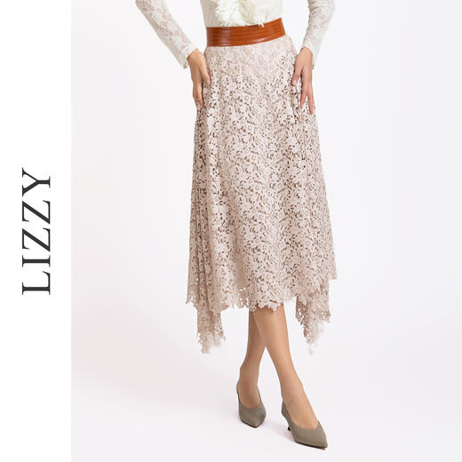 LIZZY 早秋 优雅名媛风撞色高腰刺绣蕾丝激光镂空不规则半身裙7600 商品图4
