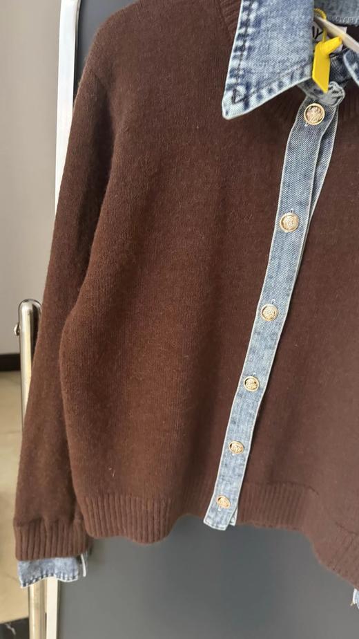 F031215针织拼接牛仔衬衫翻领假两件开衫短款外套 商品图13