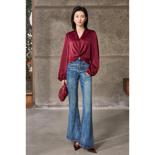 剩M/L 酒红V领衬衫+高腰马蹄裤套装5Y25CG5073 商品图3