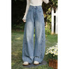 鹿向南「左岸之语」蓝色高腰显瘦阔腿牛仔裤女春新款拼接工装长裤 商品缩略图1