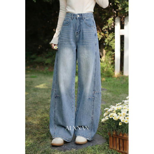 鹿向南「左岸之语」蓝色高腰显瘦阔腿牛仔裤女春新款拼接工装长裤 商品图1