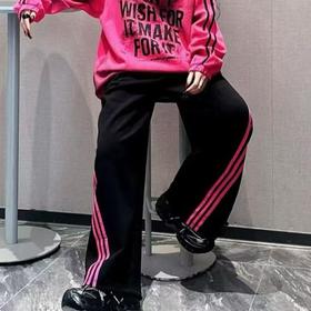 ZC松紧腰撞色斜织带阔腿裤60115（黑）夏季 261050120321